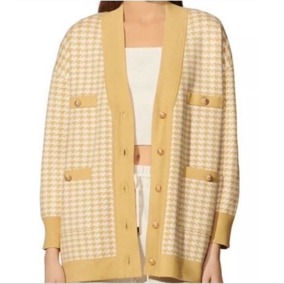 joie L XL Gold White Gingham Boyfriend Cardigan Gold Button Down Pockets - Picture 1 of 11